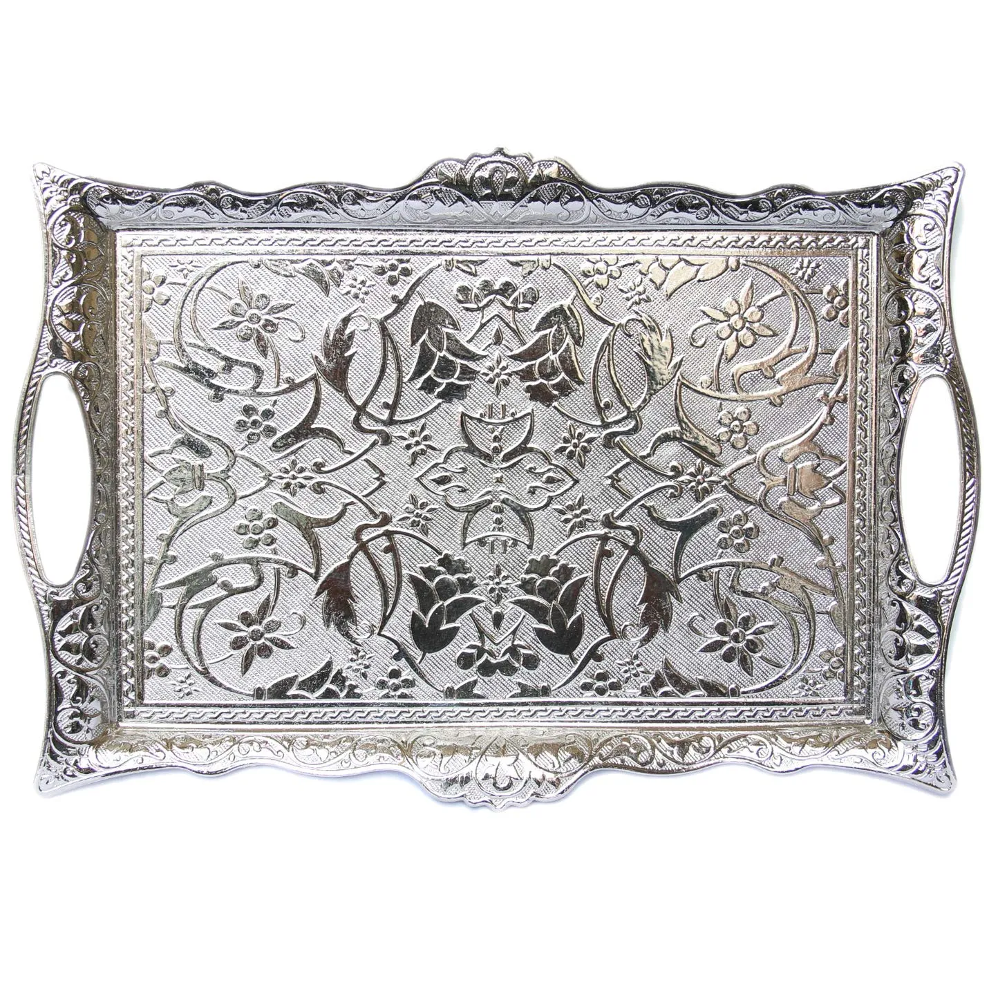 Ottoman Turkish Zamak Silver Serving Tray with Traditional Motifs