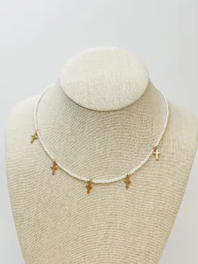 Pearl Strand Cross Station Necklace - Gold