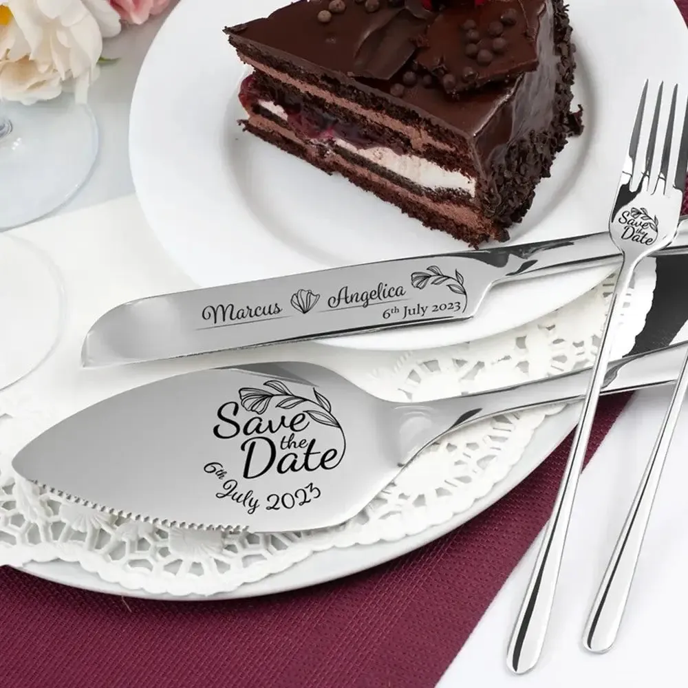 Personalized Wedding Cake Knife Set Silver Laser Engraved