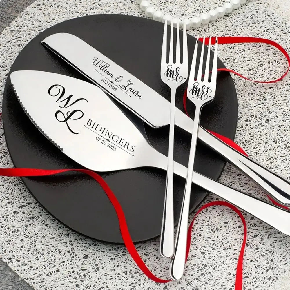 Personalized Wedding Cake Knife Set Silver Laser Engraved