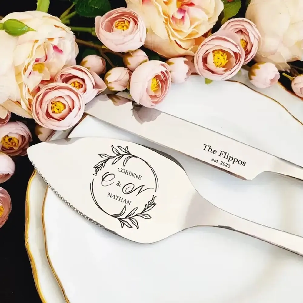 Personalized Wedding Cake Knife Set Silver Laser Engraved