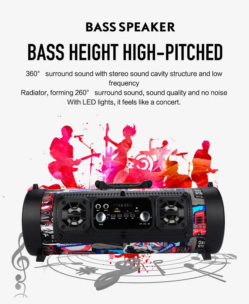 Portable Bluetooth Speaker (with FM Radio, 3D Sound, Wireless Surround, TV Sound Bar, 15W, Outdoor Use, Speaker Mic)