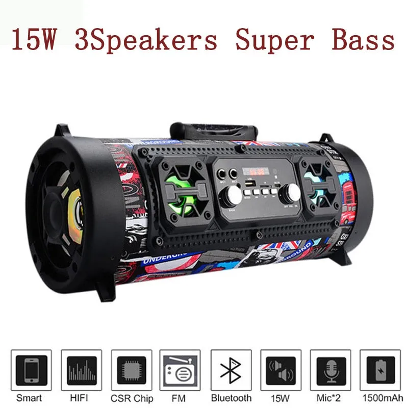 Portable Bluetooth Speaker (with FM Radio, 3D Sound, Wireless Surround, TV Sound Bar, 15W, Outdoor Use, Speaker Mic)