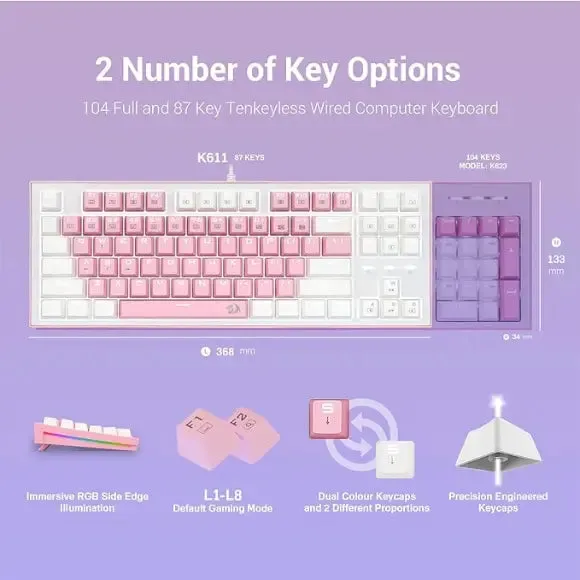 Redragon WIB BES K611 Dual Color Keys Mechanical Gaming Keyboard - White/Pink