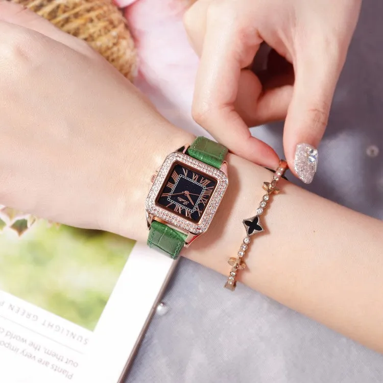 Retro Square Pattern Leather Strap Women's Watch