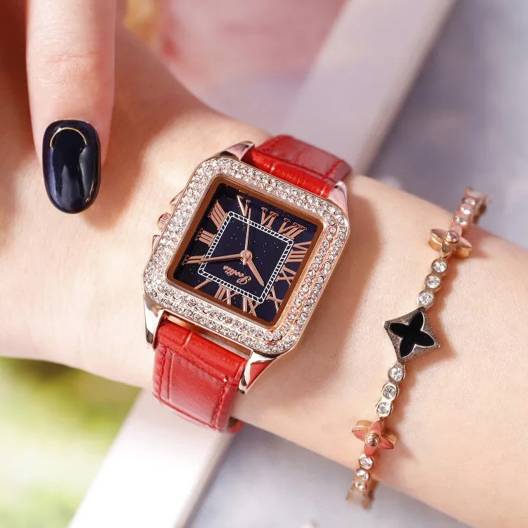 Retro Square Pattern Leather Strap Women's Watch