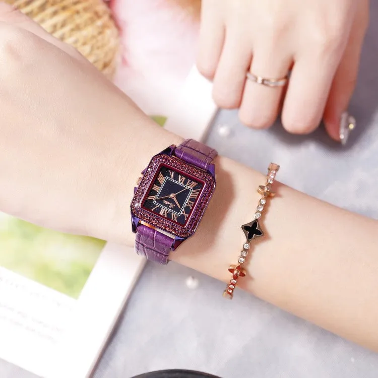 Retro Square Pattern Leather Strap Women's Watch