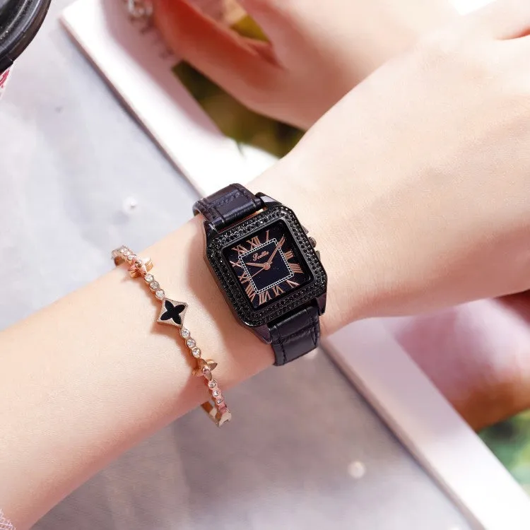 Retro Square Pattern Leather Strap Women's Watch