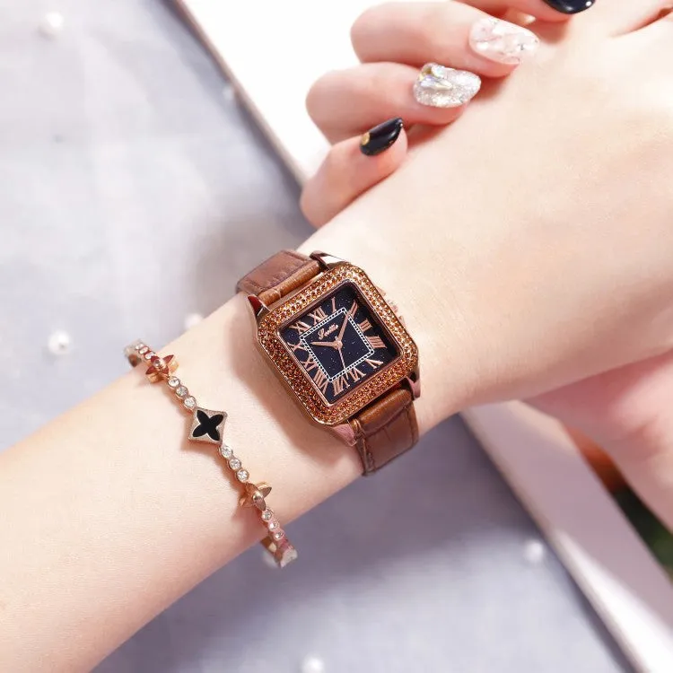 Retro Square Pattern Leather Strap Women's Watch