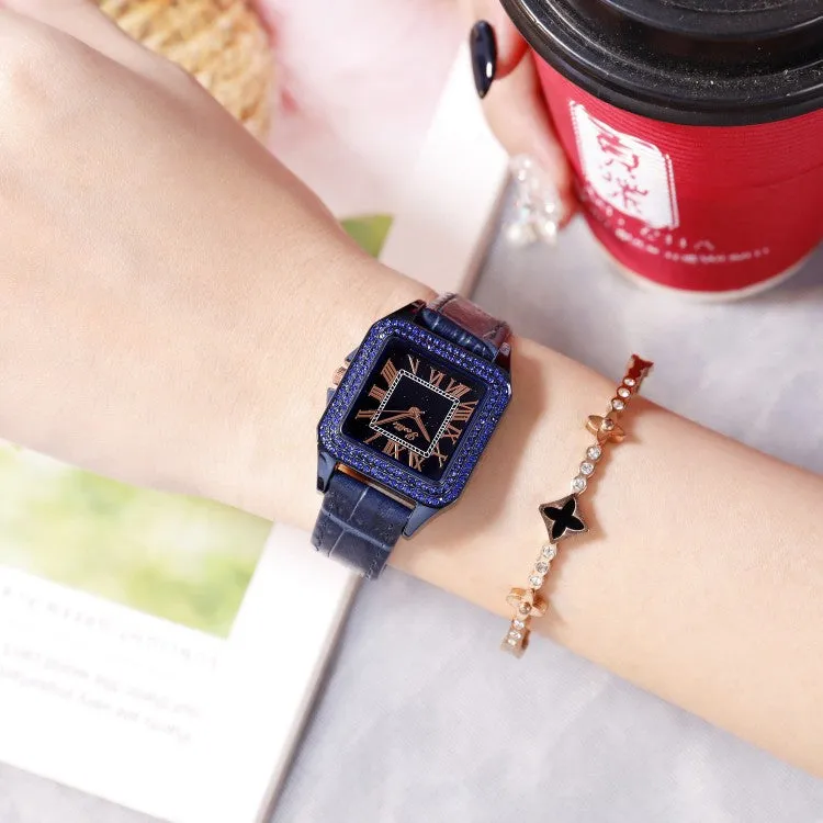 Retro Square Pattern Leather Strap Women's Watch