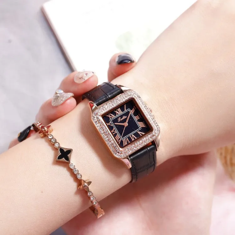 Retro Square Pattern Leather Strap Women's Watch