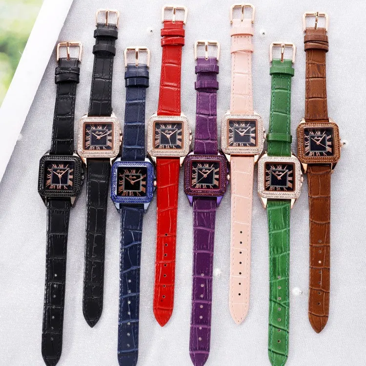 Retro Square Pattern Leather Strap Women's Watch