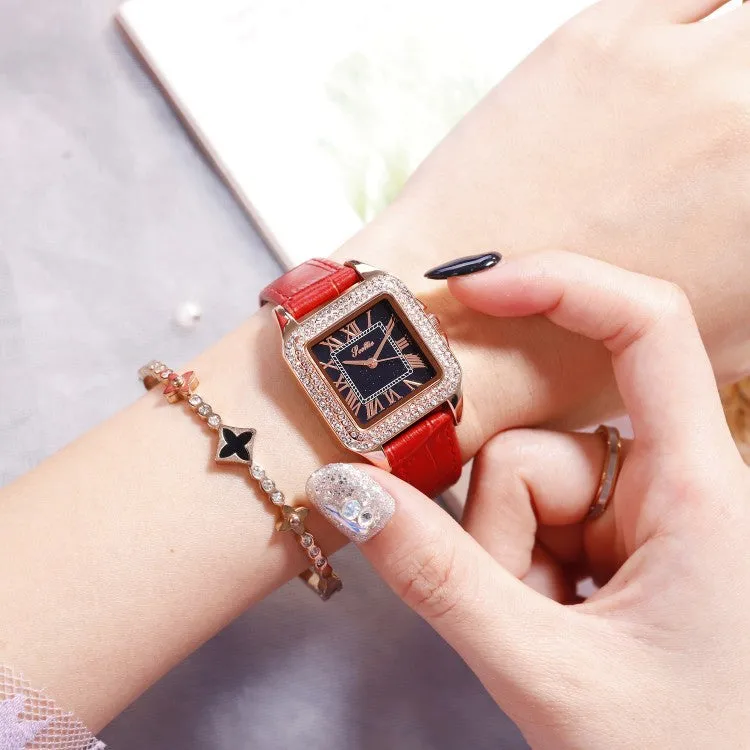 Retro Square Pattern Leather Strap Women's Watch