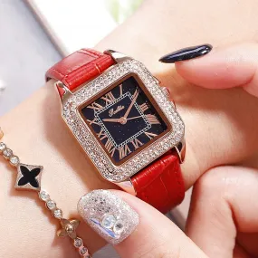 Retro Square Pattern Leather Strap Women's Watch