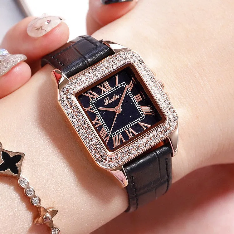 Retro Square Pattern Leather Strap Women's Watch