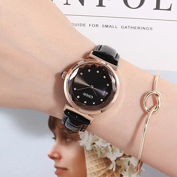 Rhombus-shaped Mirror Leather Strap Women's Watch