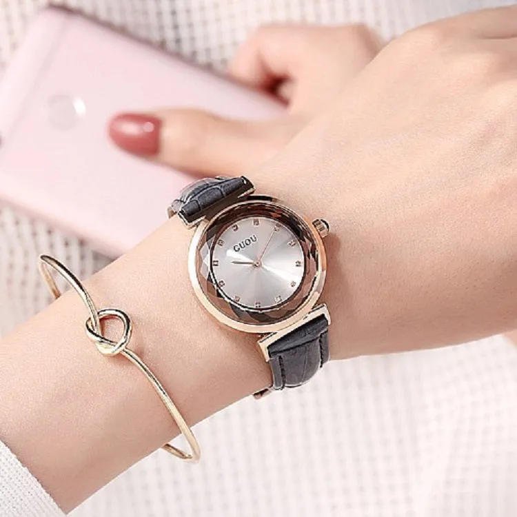 Rhombus-shaped Mirror Leather Strap Women's Watch