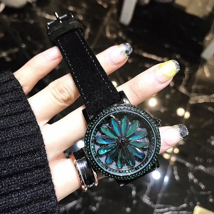 Rotatable Dial Green Watch For Women