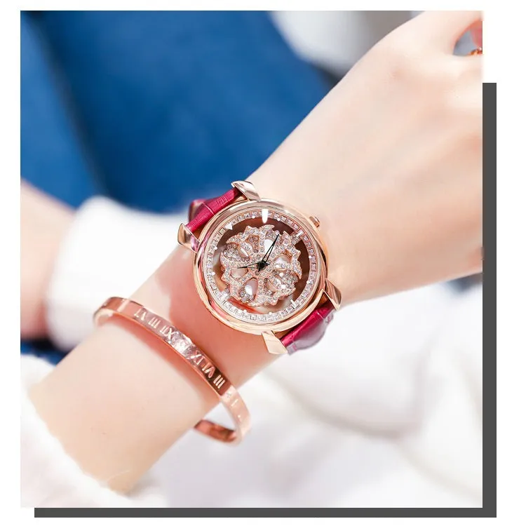 Rotatable Flower Dial Rhinestone Women's Watch