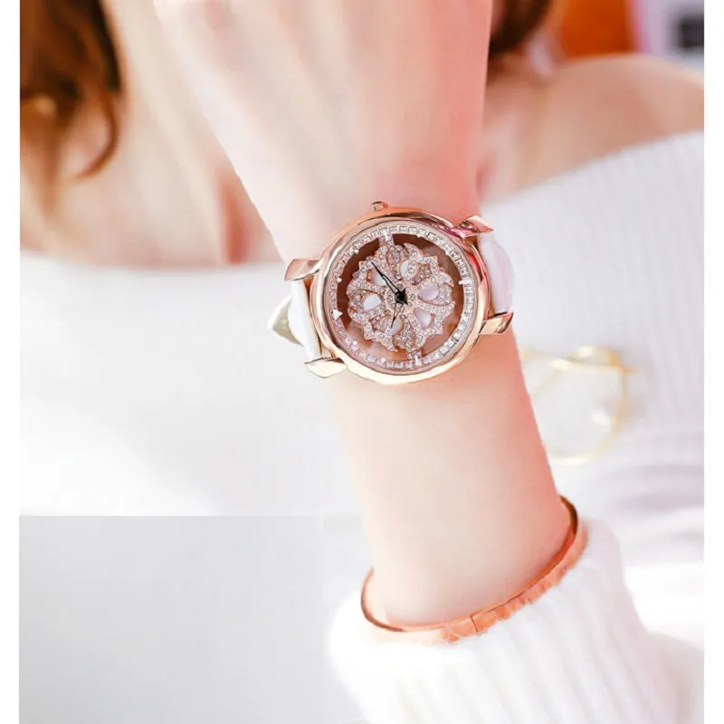 Rotatable Flower Dial Rhinestone Women's Watch