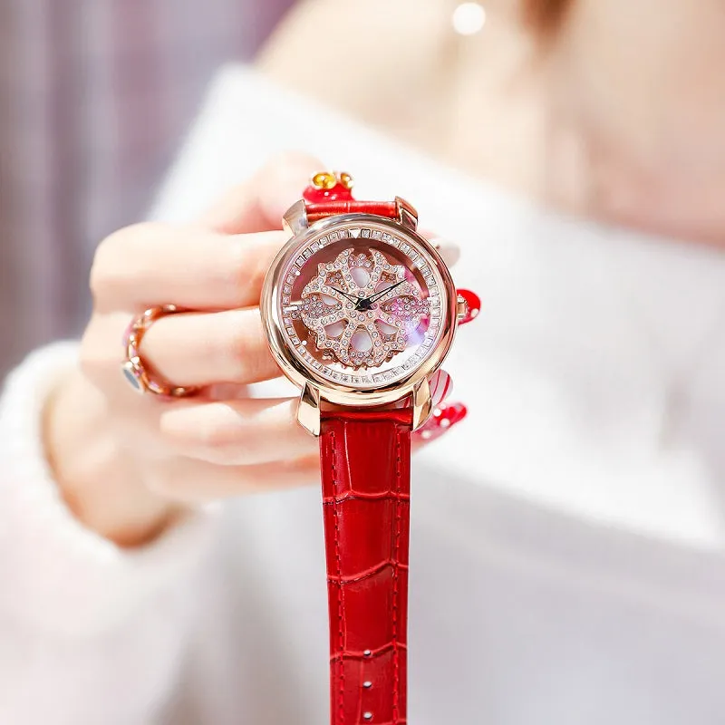 Rotatable Flower Dial Rhinestone Women's Watch