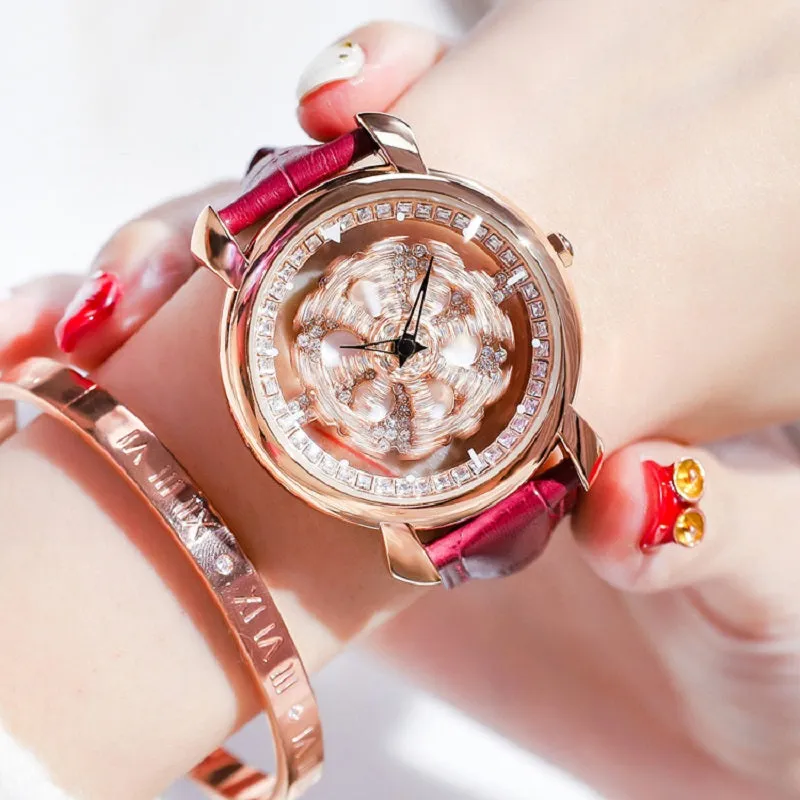 Rotatable Flower Dial Rhinestone Women's Watch