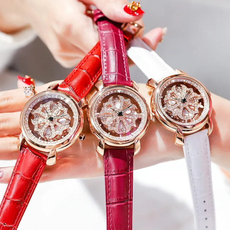 Rotatable Flower Dial Rhinestone Women's Watch