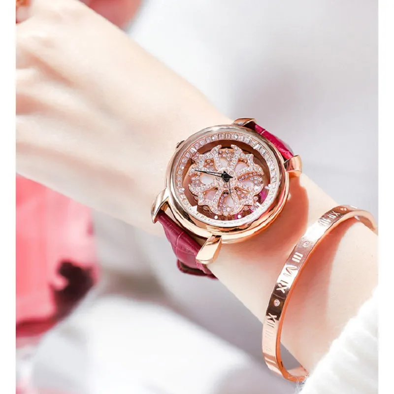 Rotatable Flower Dial Rhinestone Women's Watch