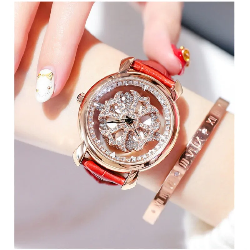 Rotatable Flower Dial Rhinestone Women's Watch