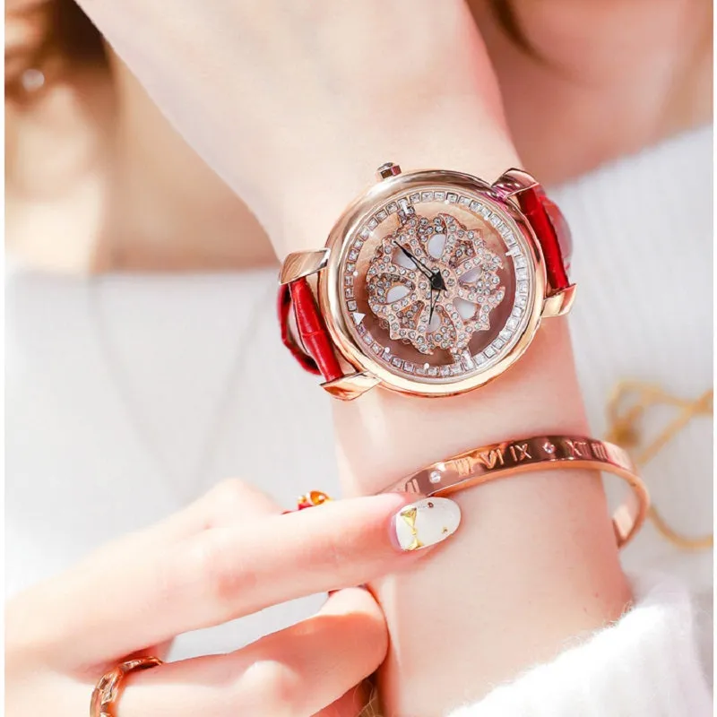 Rotatable Flower Dial Rhinestone Women's Watch