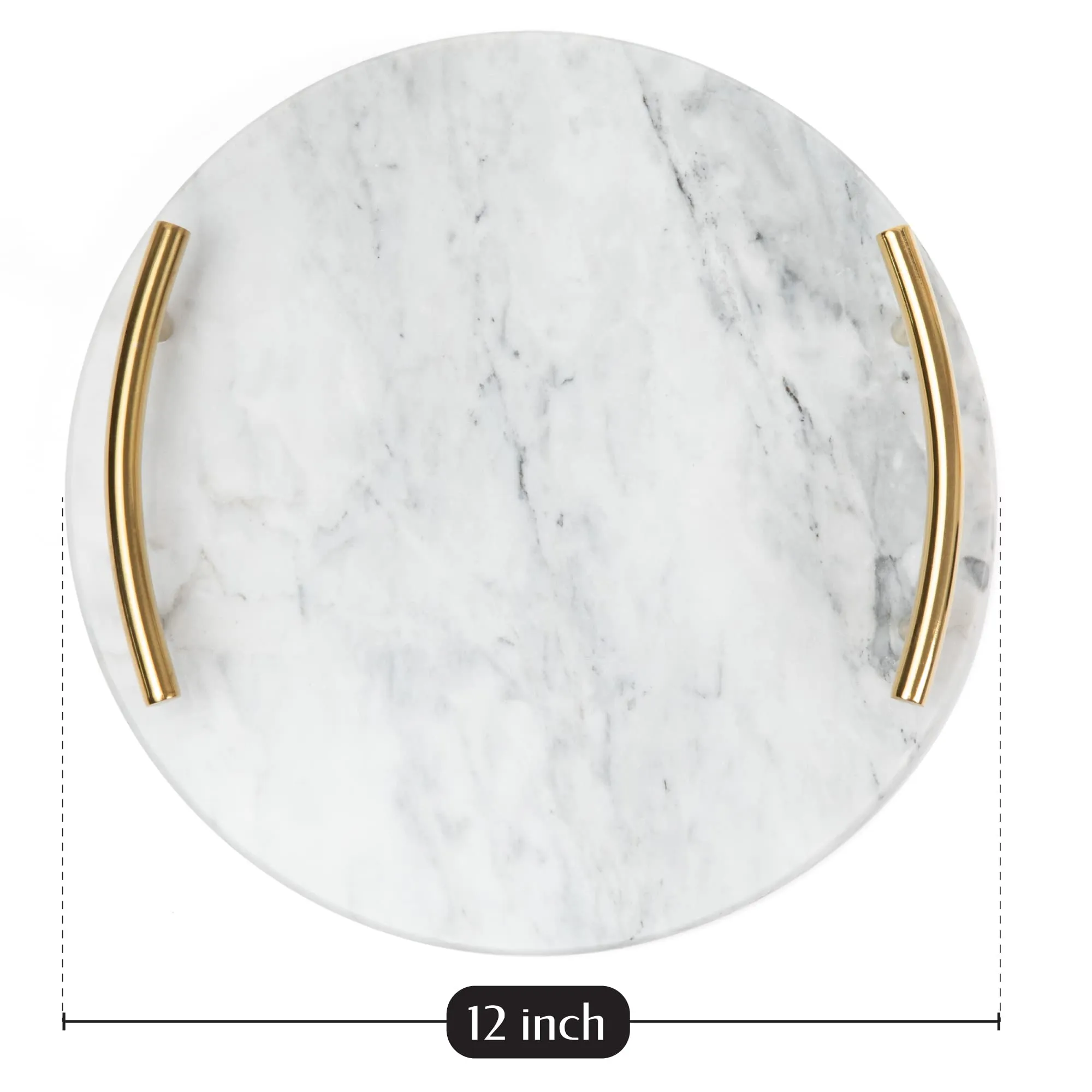 Round White Marble Tray with Gold Handles 12 Inches