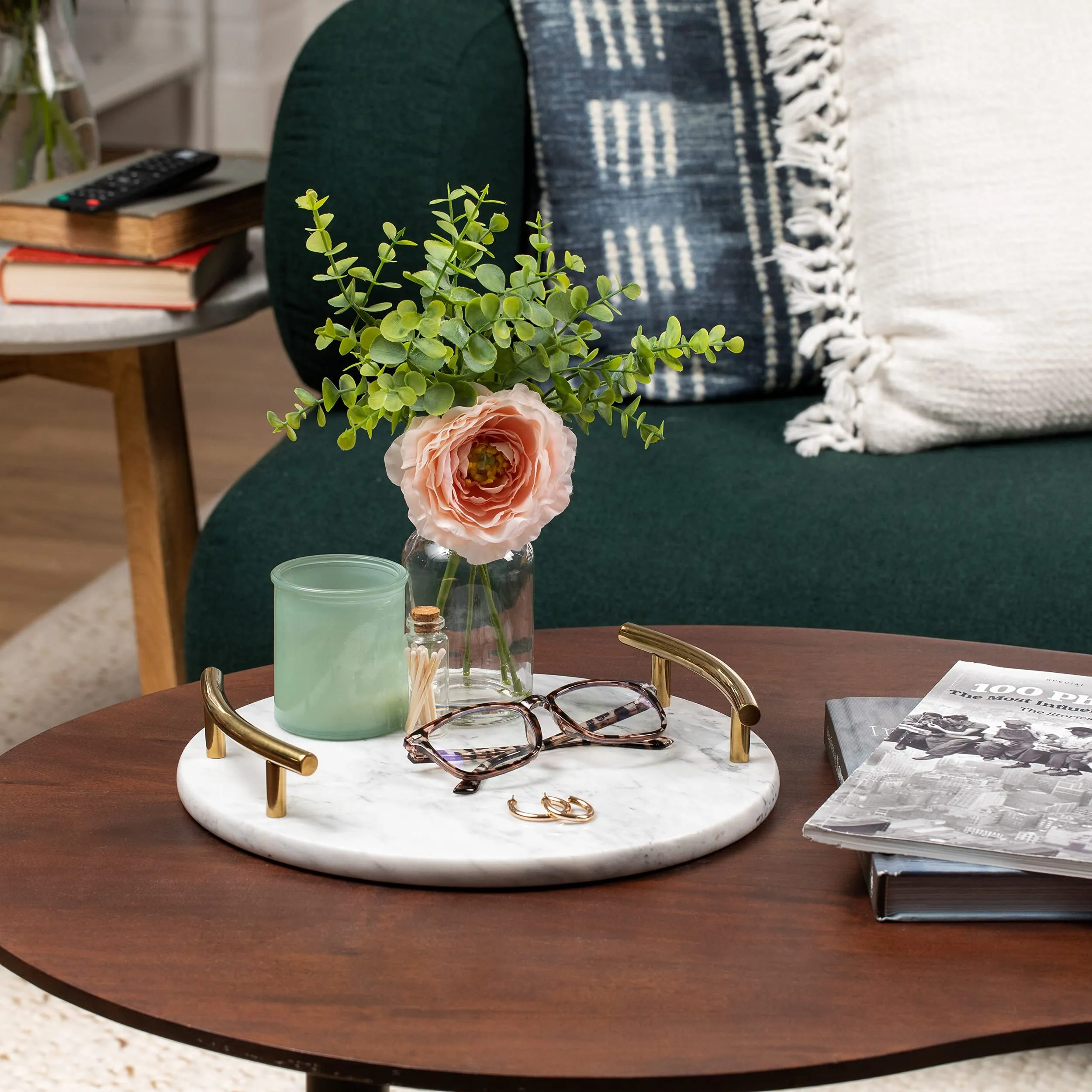 Round White Marble Tray with Gold Handles 12 Inches