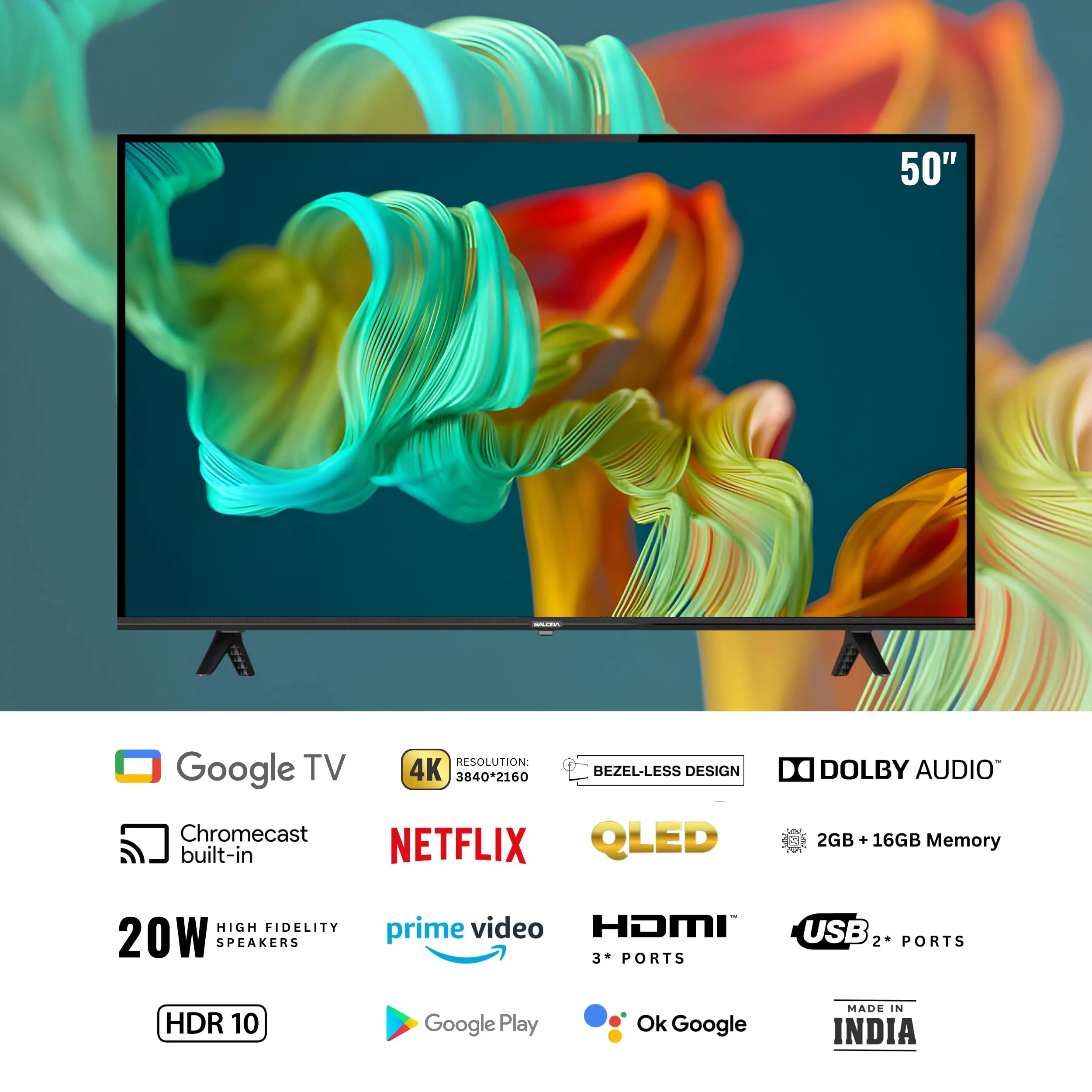 Salora 127 cm (50 inches) QLED 4K Ultra HD Smart Google TV | SLV-3505 GTV (Black) | 4K Display, Powerful 20W Dolby Audio, Google Assistant & Voice Control Remote