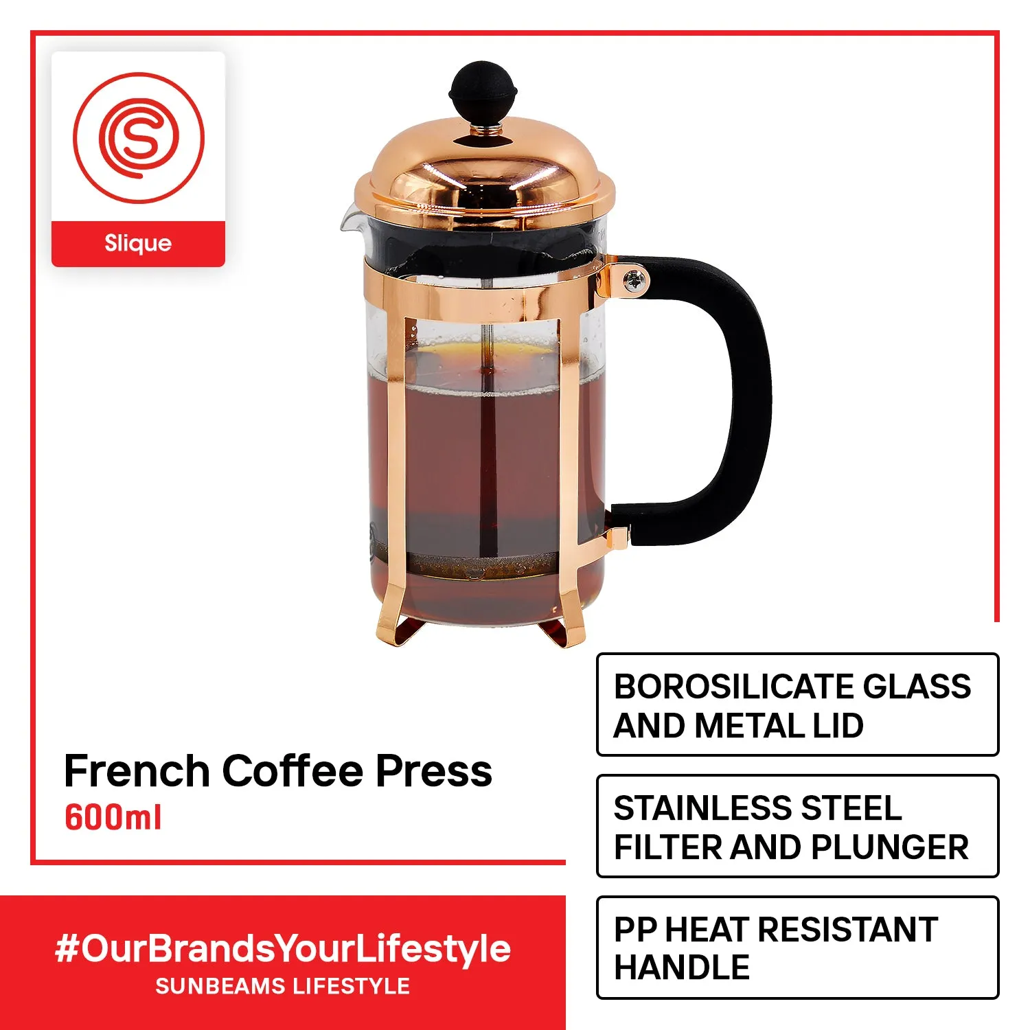 SLIQUE Premium Borosilicate Glass Copper French Coffee Press 600ml (Rosegold)