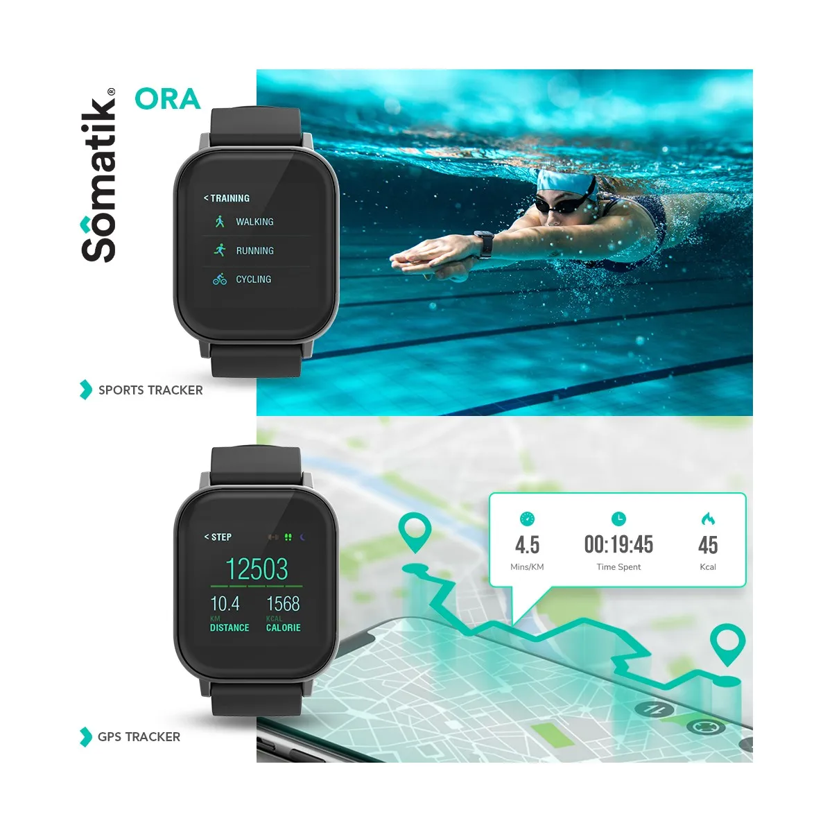 Somatik ORA 24-Hour Temperature Smart Fitness Watch - Black/ Granite Metal