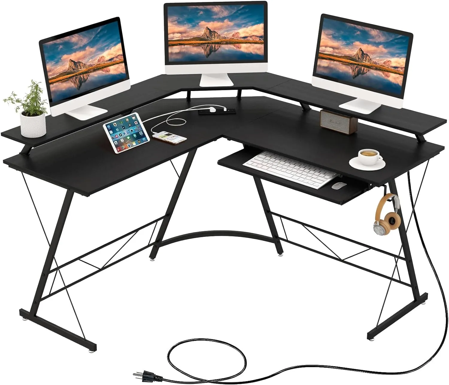 Tangkula L-Shaped Computer Desk with Power Outlet, 51" Corner Computer Workstation with Monitor Stand