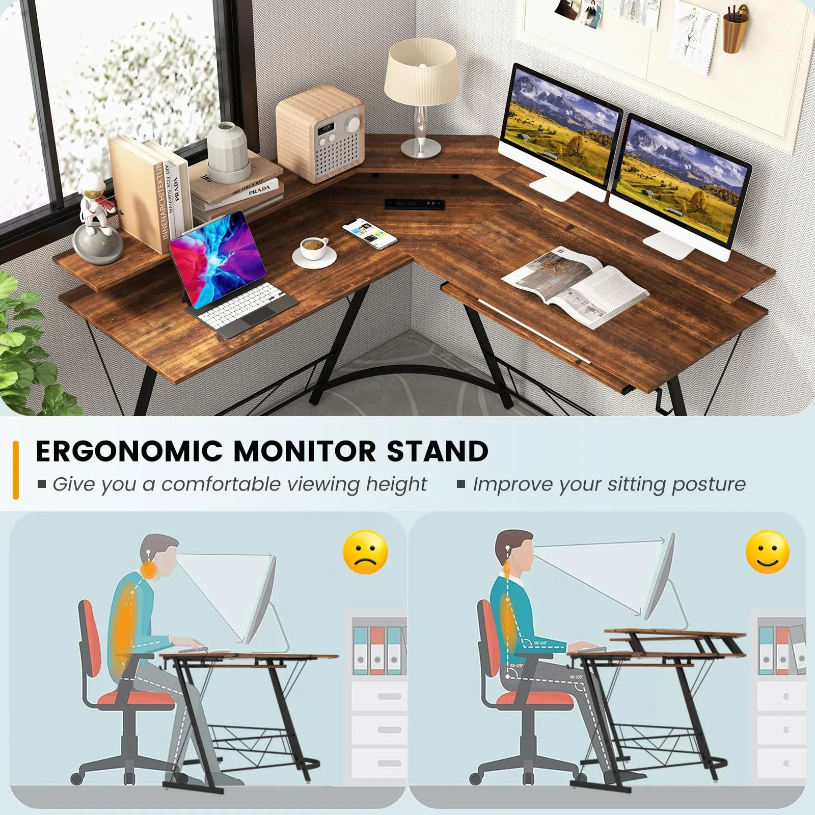 Tangkula L-Shaped Computer Desk with Power Outlet, 51" Corner Computer Workstation with Monitor Stand