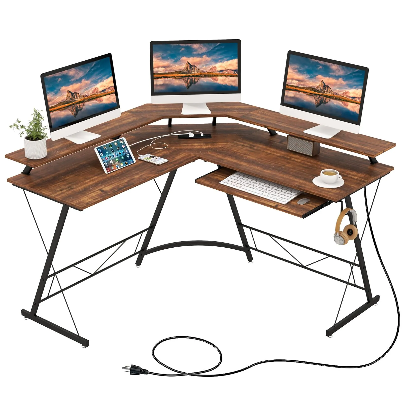 Tangkula L-Shaped Computer Desk with Power Outlet, 51" Corner Computer Workstation with Monitor Stand