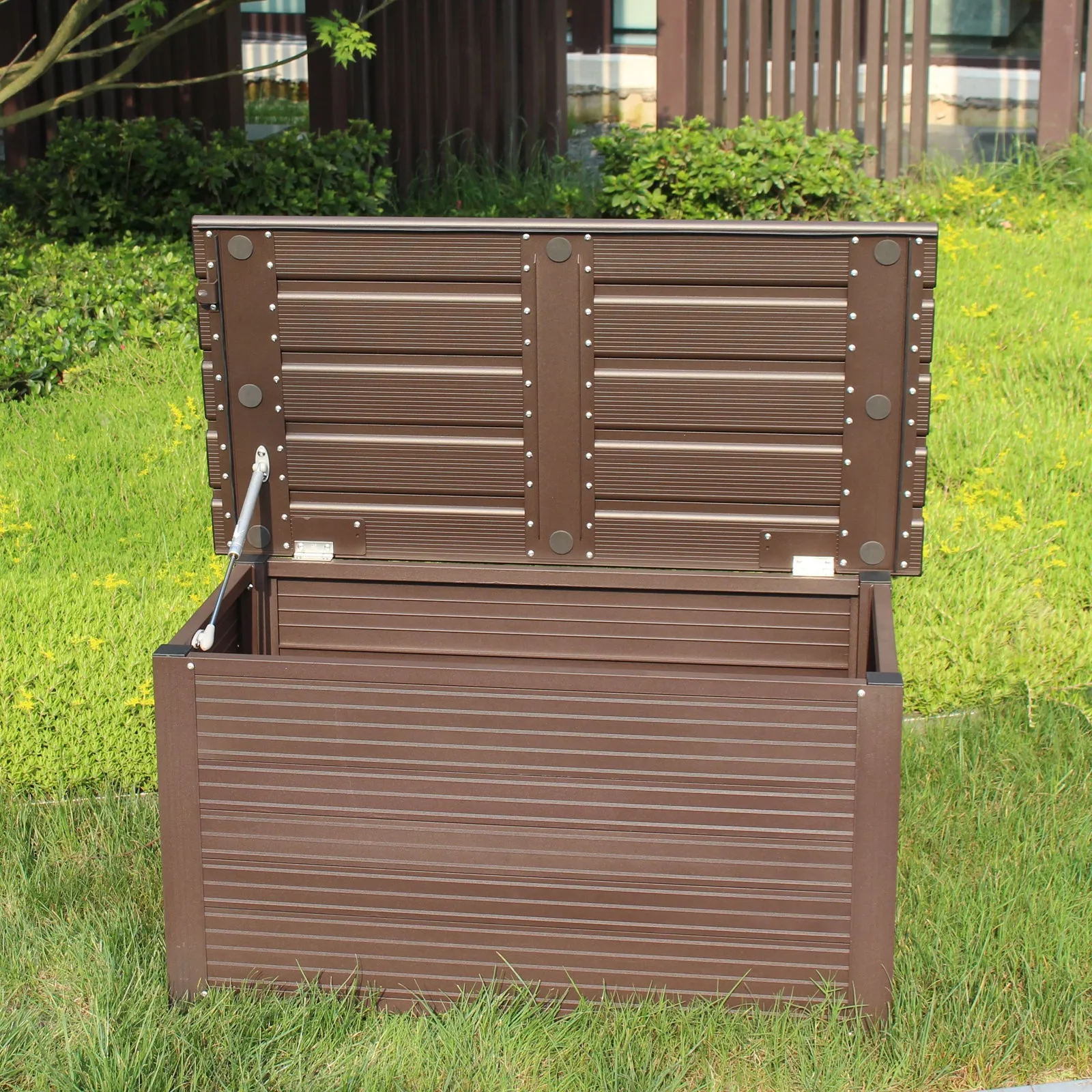 TECSPACE Aluminum Deck Box Brown, Firm Aluminum Deck Box-Organization, Indoor and Outdoor Storage box for Patio Furniture Cushions