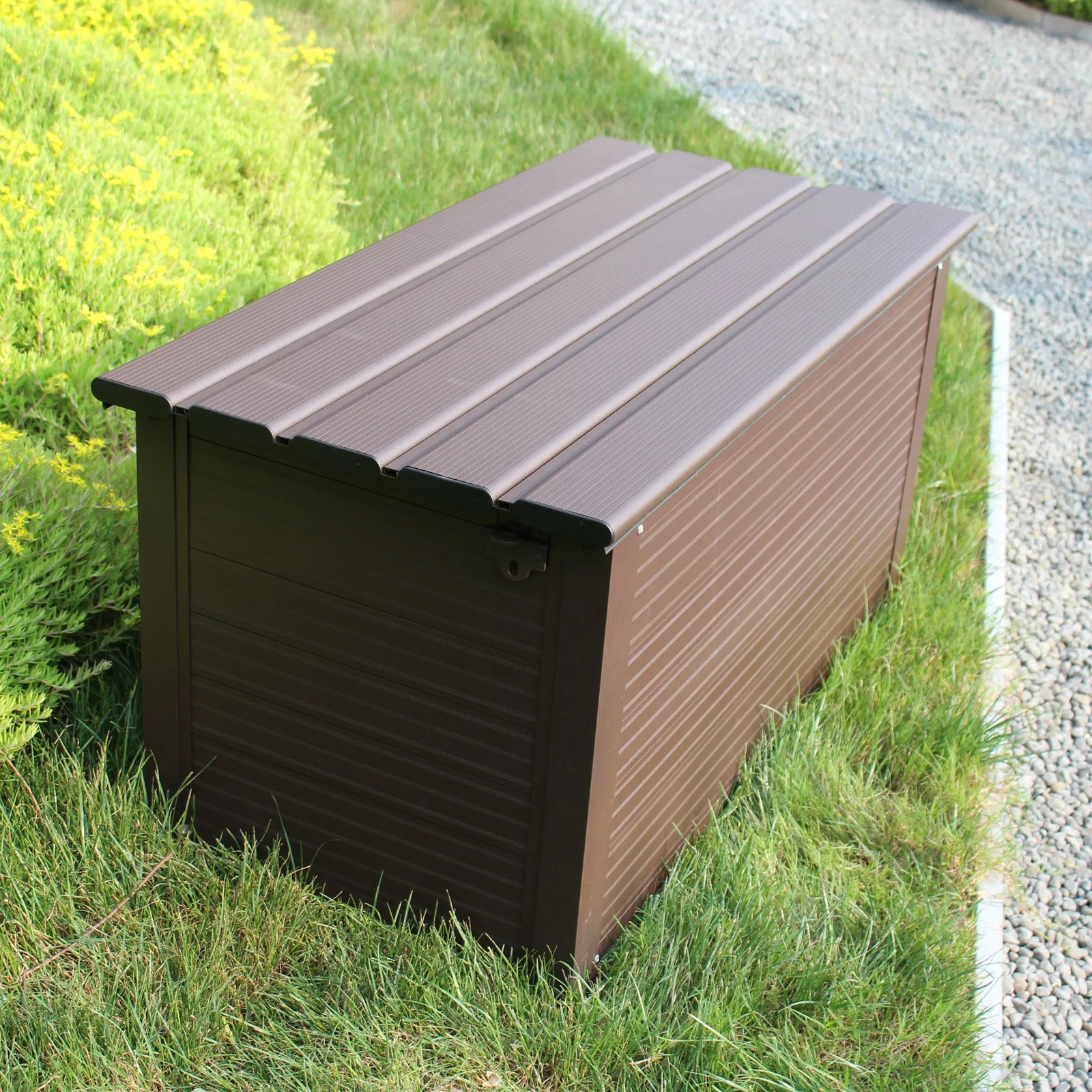 TECSPACE Aluminum Deck Box Brown, Firm Aluminum Deck Box-Organization, Indoor and Outdoor Storage box for Patio Furniture Cushions