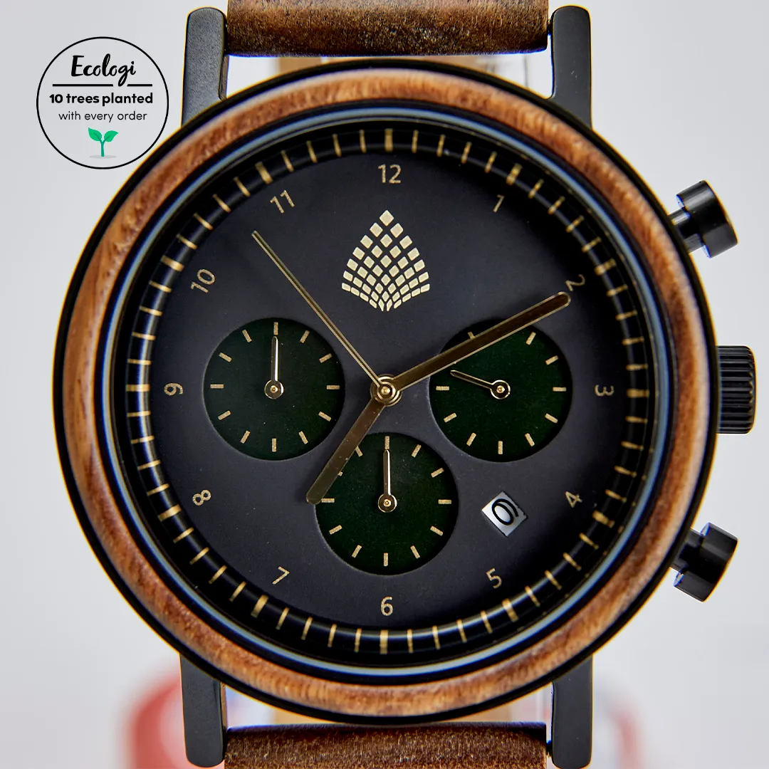 The Cedar Watch - Eco-Friendly Chronograph with Recycled Green Sandalwood & Jubilee Band