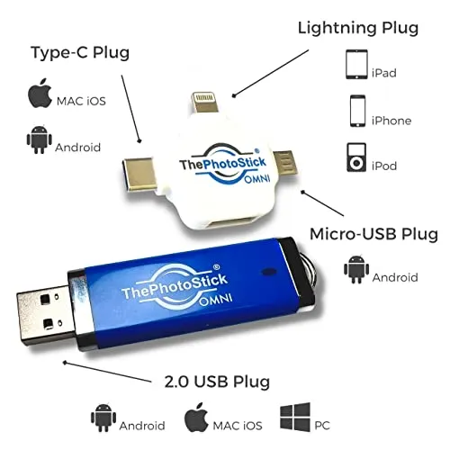 ThePhotoStick® Omni 256GB - Secure Photo & Video Backup and Transfer | USB & Multiport Connection | Integrated Software | Portable Memory | External Storage | File Save & Transfer