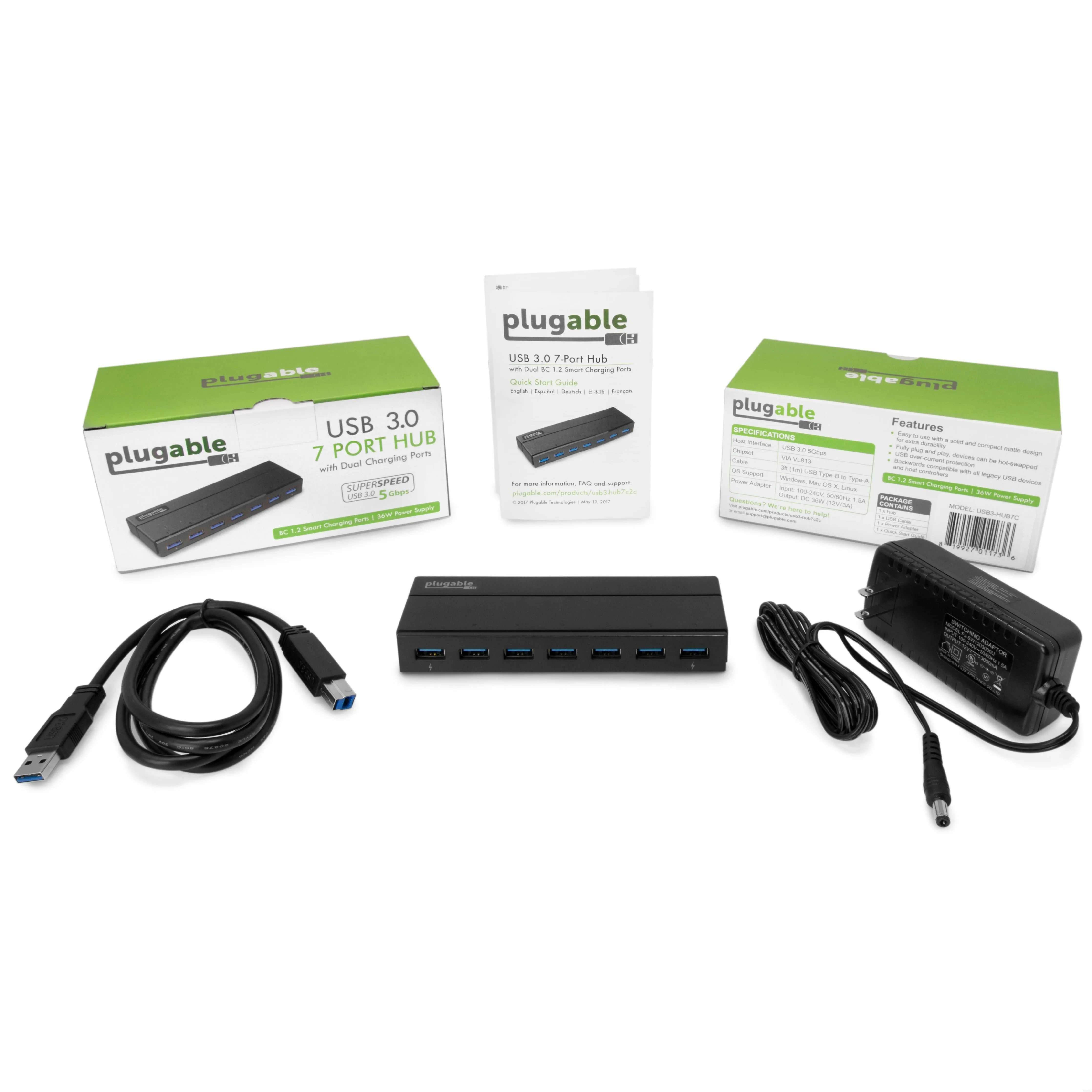 USB 3.0 7-Port Hub with 2 BC 1.2 Charging Ports and 36W Power Adapter