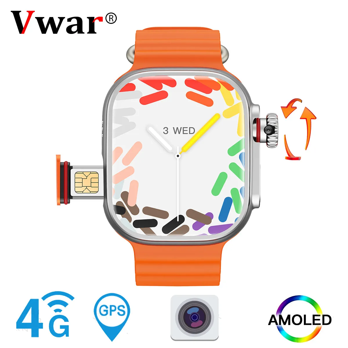 VWAR S9 ULTRA 4G Android Smart Watch- AMOLED Screen, Retractable camera, 4G 64G/ 2G RAM 32G ROM