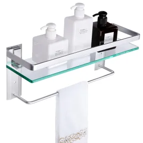 Wall Mounted Glass Bathroom Shelf with Towel Bar Silver Finish