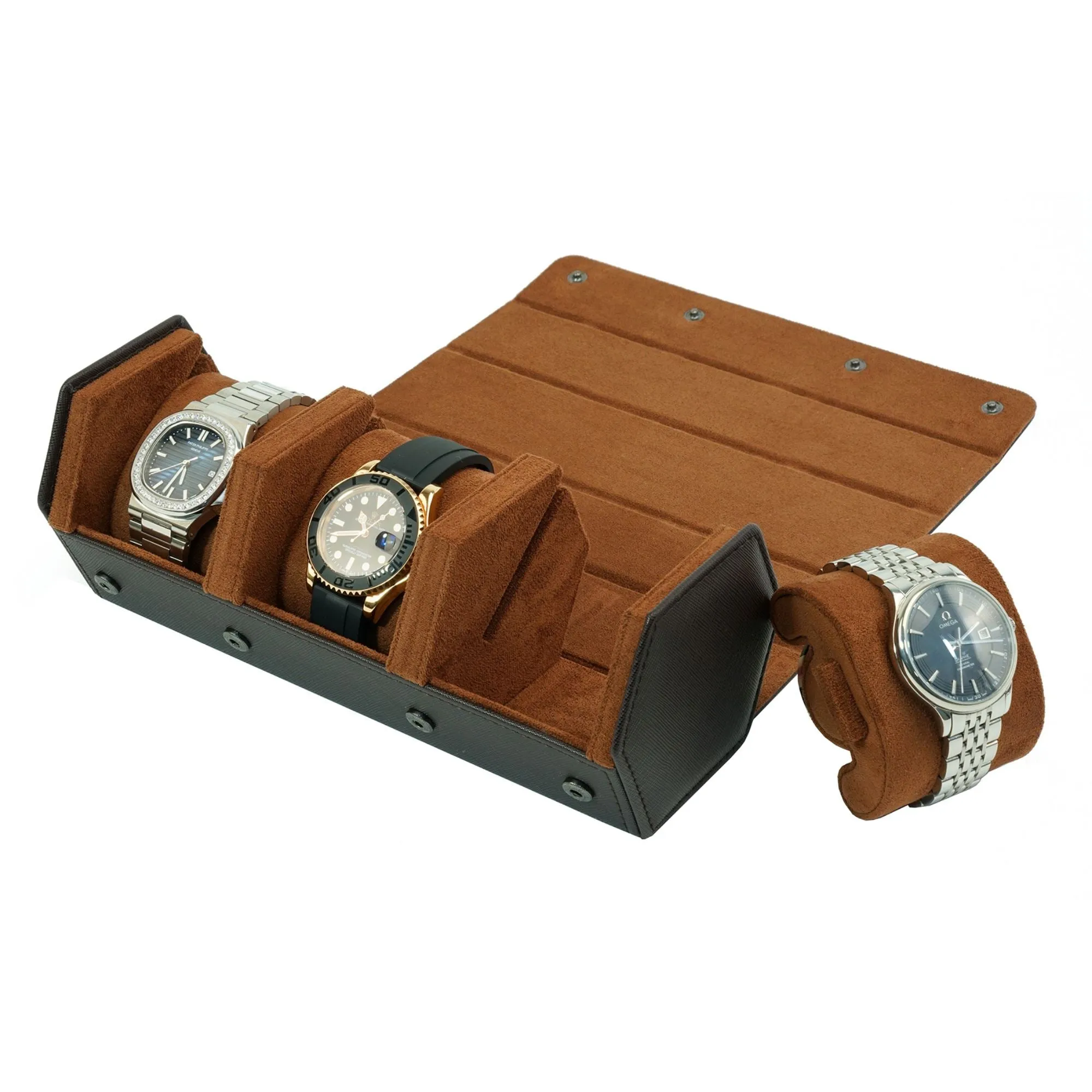 Watch Roll Case for 3 Watches in Dark Brown Vegan Leather