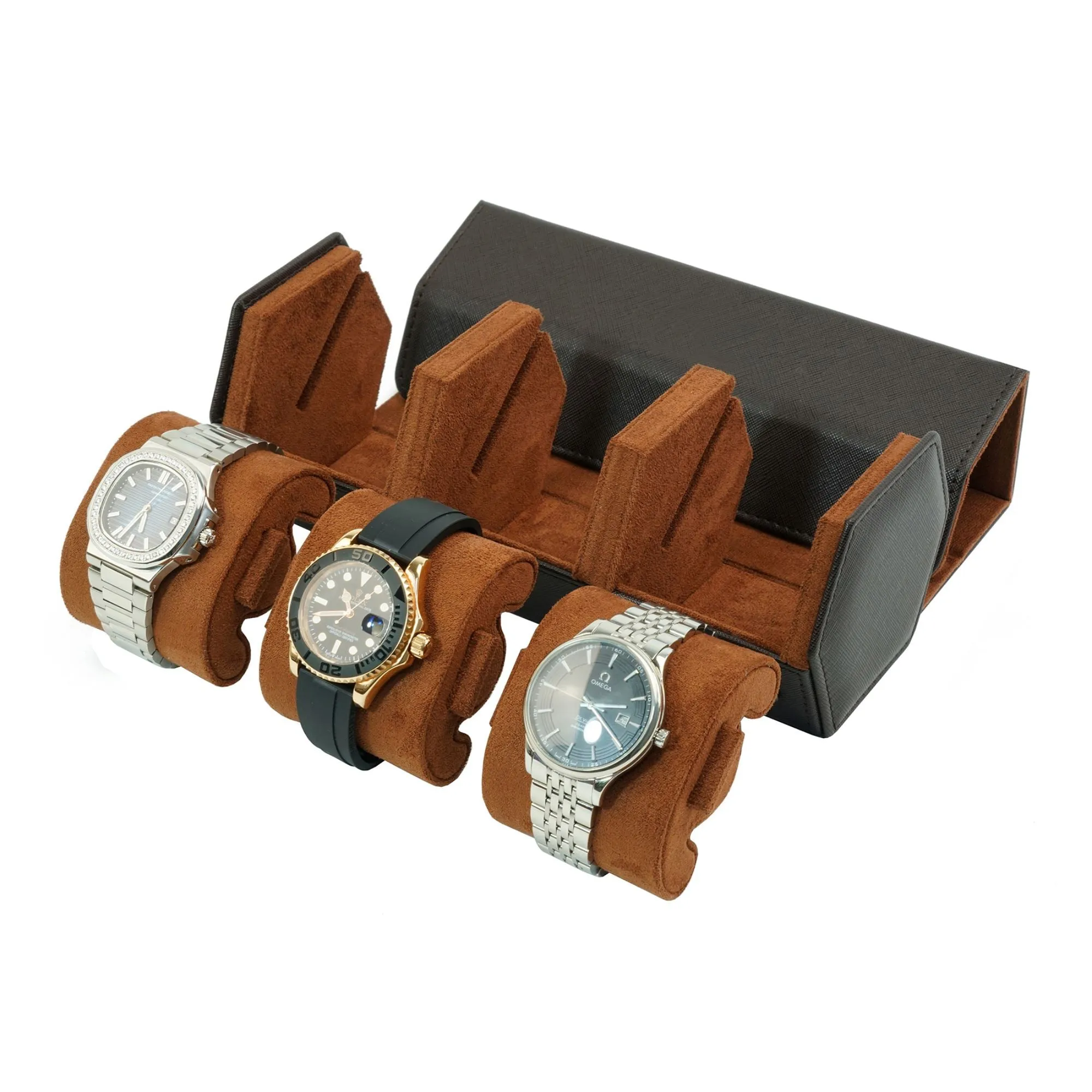 Watch Roll Case for 3 Watches in Dark Brown Vegan Leather