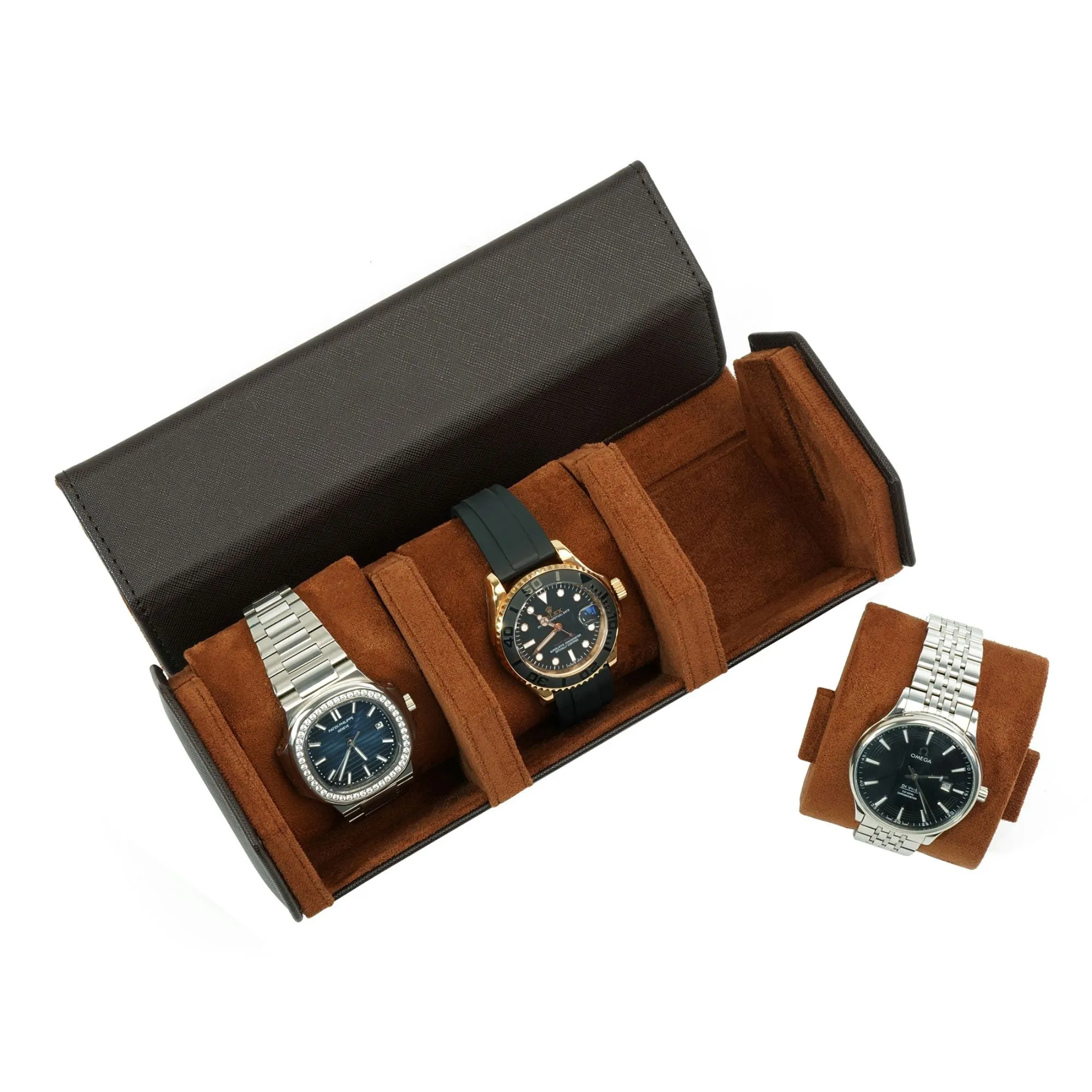 Watch Roll Case for 3 Watches in Dark Brown Vegan Leather