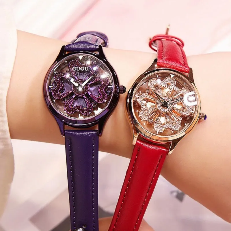 Women's Watch Love-shaped Hollow dial leather strap elegant watch