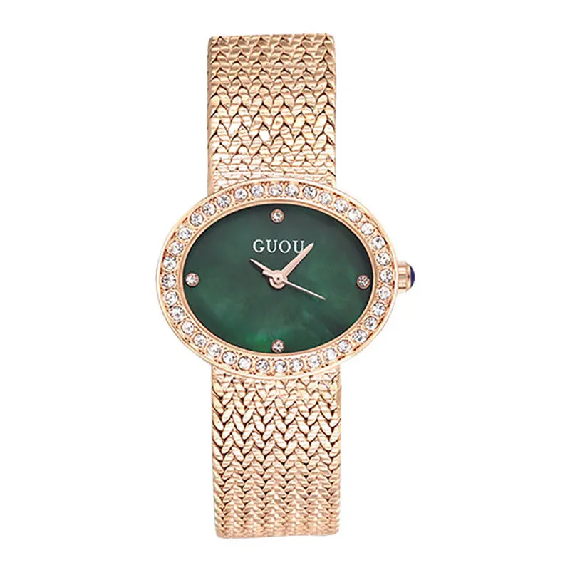 Women's Watch Oval Pattern green diamond dial steel strap elegant watch